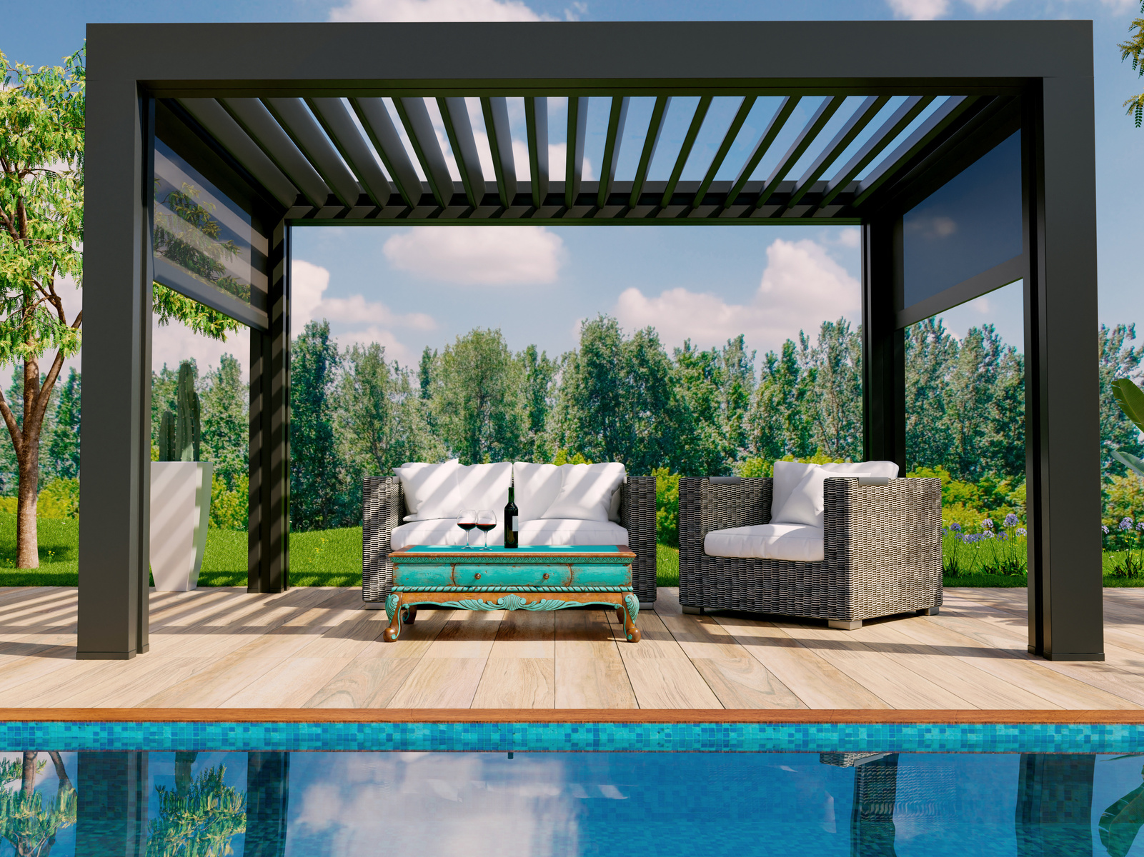 visuel en 3D d'une pergola bioclimatique noire